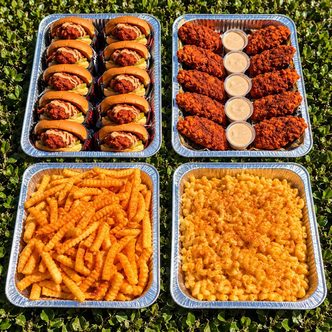 Catering trays of chicken sliders, tenders with sauce, crinkle fries and mac and cheese